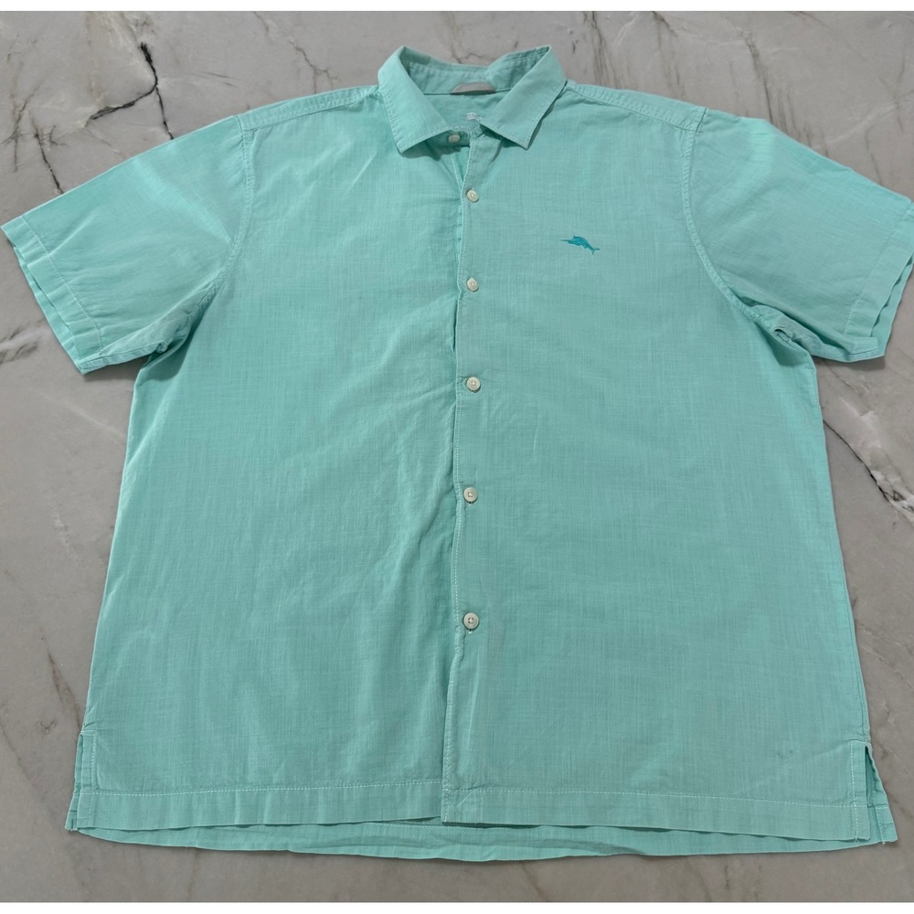 Tommy‎ Bahama Men's Short Sleeve Button Shirt Mint Green Cotton - Size XL Marlin
